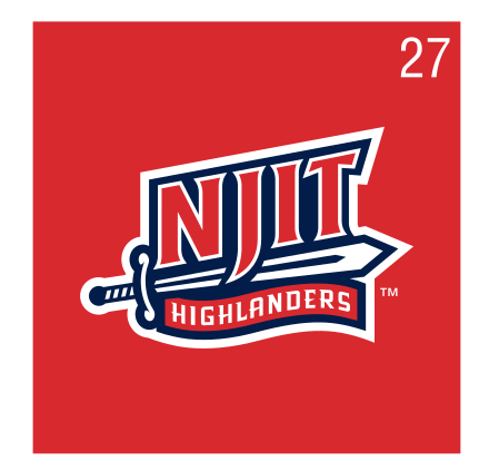 NJIT wordmark with Highlanders text, full color on red variant, cell 27