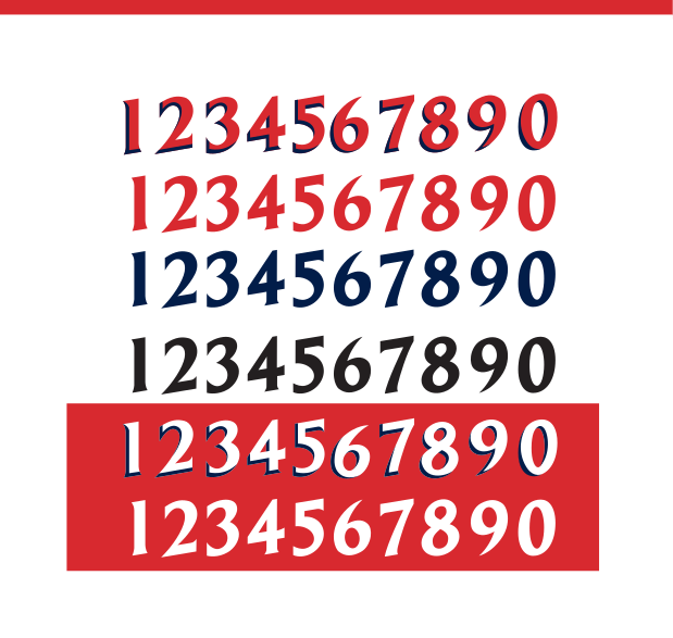 athletic number set, multi-color column on white and red variant, cell 76
