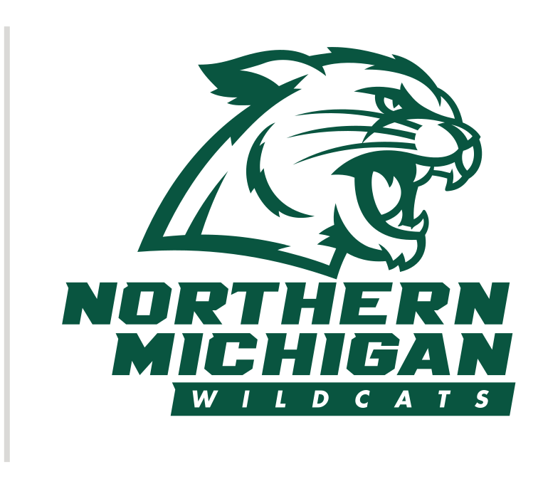 Wildcat head with Northern Michigan Wildcats wordmark, green and white variant, cell 12