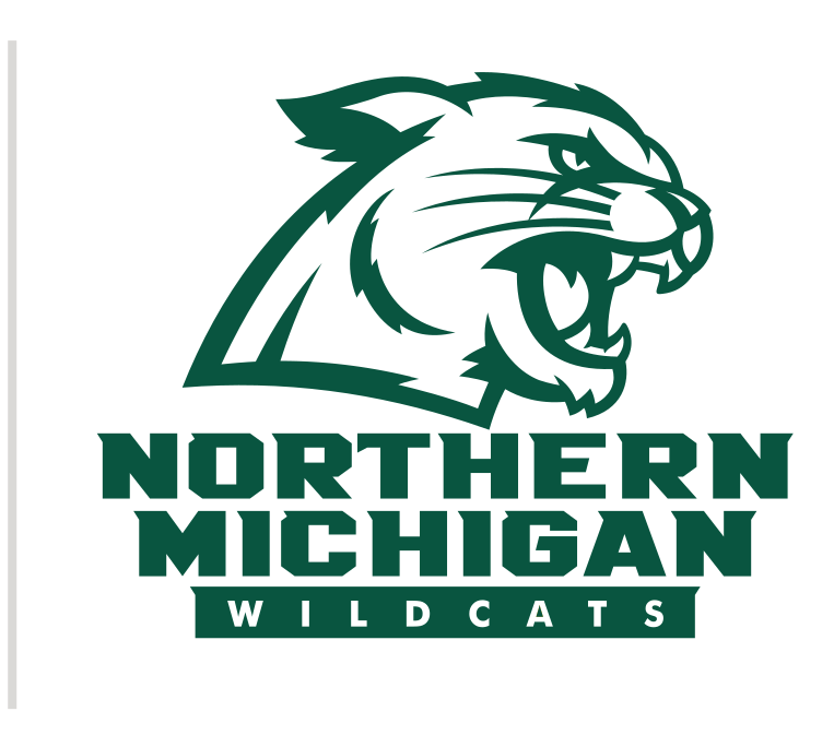 Wildcat head with Northern Michigan Wildcats wordmark, green and white, gold outline variant, cell 15