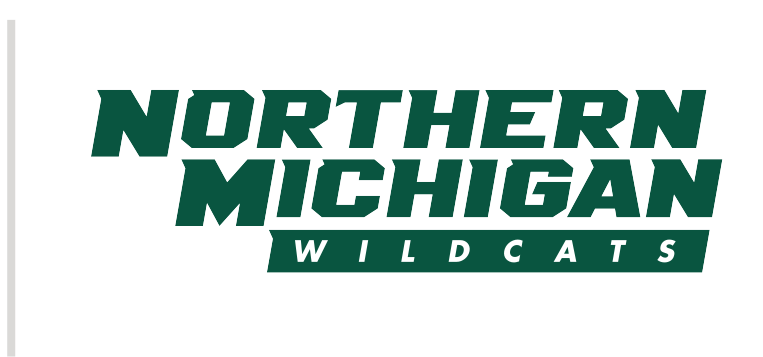 Northern Michigan Wildcats wordmark, green and white, gold outline variant, cell 27