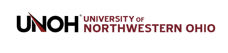 UNOH wordmark with tagline, black/red on grey variant, cell 13