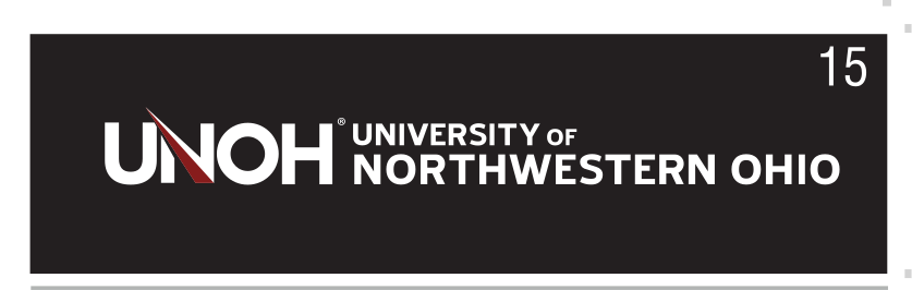 UNOH wordmark with tagline, white/red on black variant, cell 15