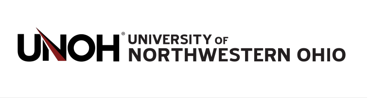 UNOH wordmark with tagline, black/red on white variant, cell 16