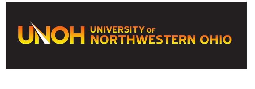 UNOH wordmark with tagline, yellow/red on black variant, cell 17
