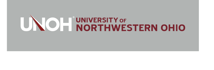 UNOH wordmark with tagline, white/red on grey variant, cell 18
