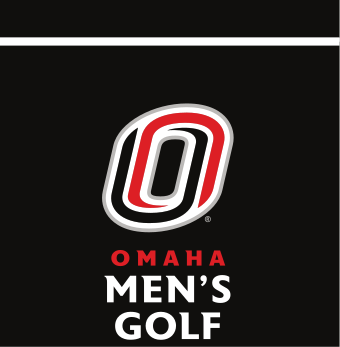 Omaha Men's Golf, red/white on black vertical lockup variant, cell 64