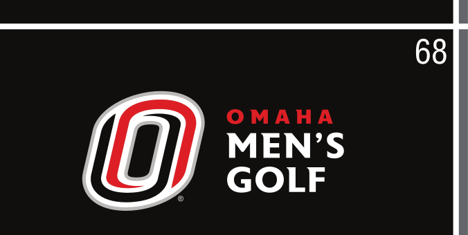 Omaha Men's Golf, red/white on black horizontal lockup variant, cell 68