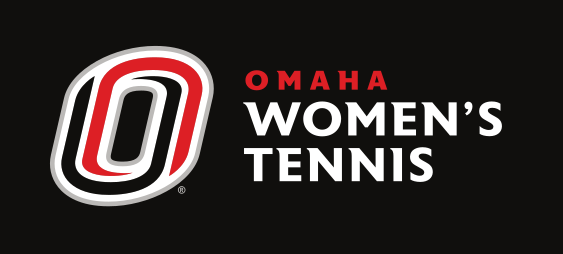 Omaha Women's Tennis horizontal lockup, color on black variant, cell 148