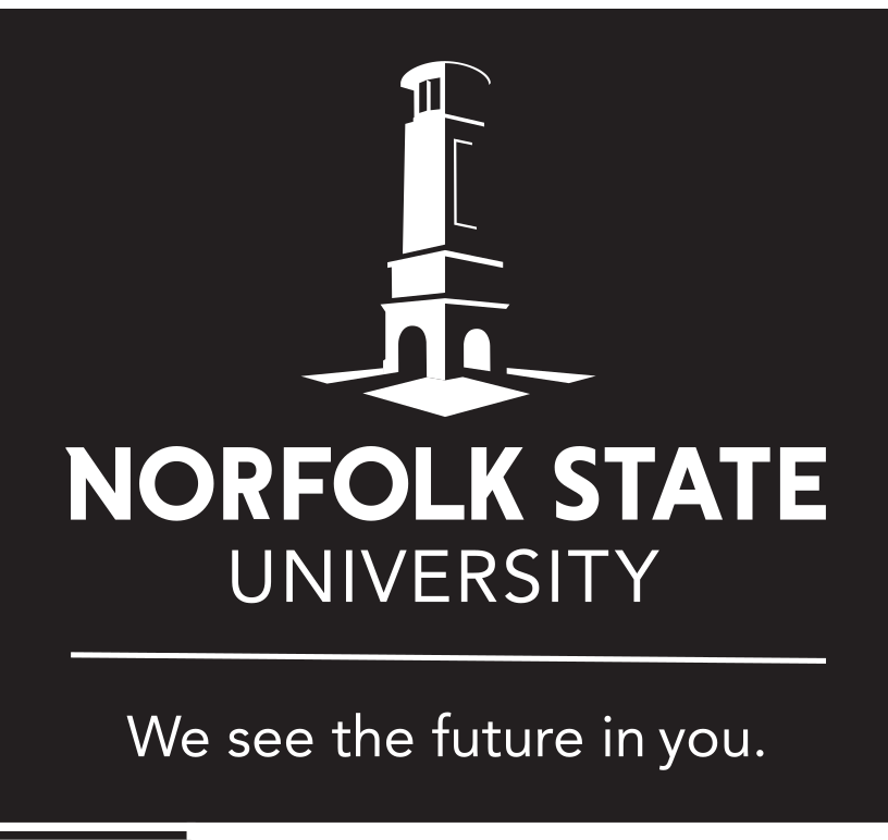 Norfolk State University logo, white, stacked with tagline, on black variant, cell 19