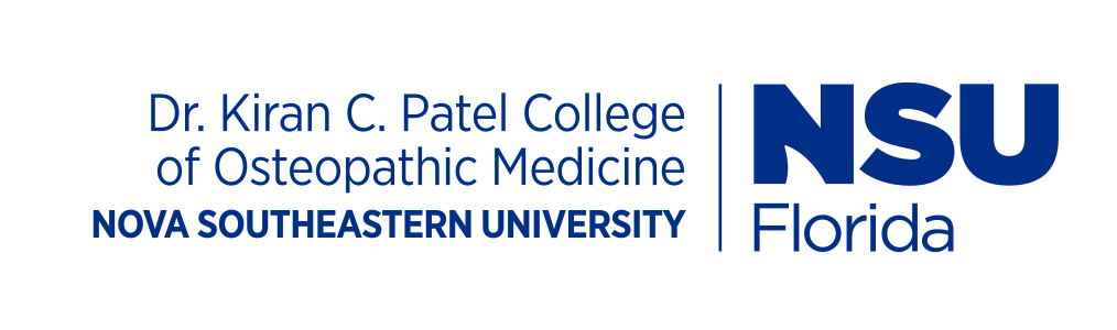 Dr. Kiran C. Patel College of Osteopathic Medicine logo, horizontal, blue/black variant, cell 67