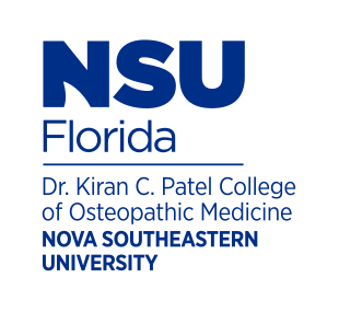 Dr. Kiran C. Patel College of Osteopathic Medicine logo, stacked, blue/black variant, cell 70