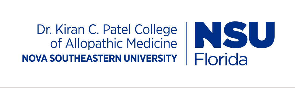 Dr. Kiran C. Patel College of Allopathic Medicine logo, horizontal, blue/black variant, cell 94