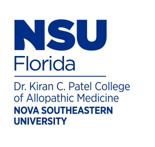 Dr. Kiran C. Patel College of Allopathic Medicine logo, stacked, blue/black variant, cell 97