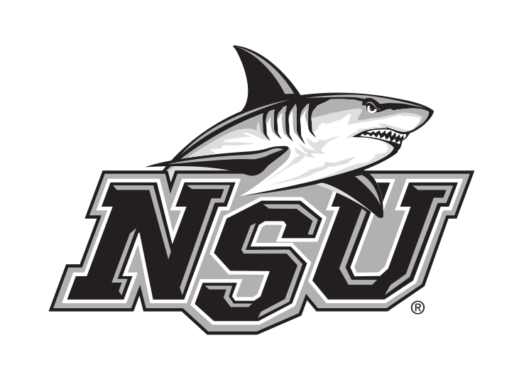 NSU lettermark with shark mascot, black and white variant, cell 216