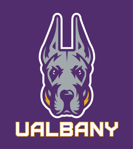 Great Dane head with UALBANY wordmark, full color on purple variant, cell 31