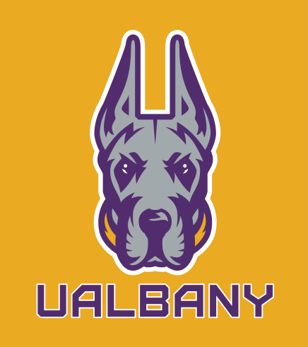 Great Dane head with UALBANY wordmark, full color on yellow variant, cell 32
