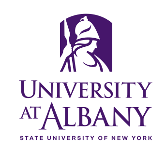 Minerva head with University at Albany wordmark, horizontal lockup, short name, purple on white variant, cell 44
