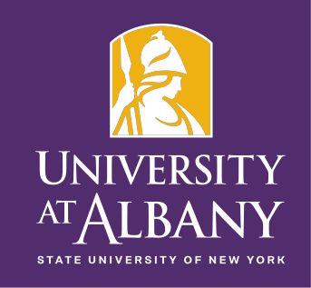 Minerva head with University at Albany wordmark, horizontal lockup, short name, yellow/white on purple variant, cell 46
