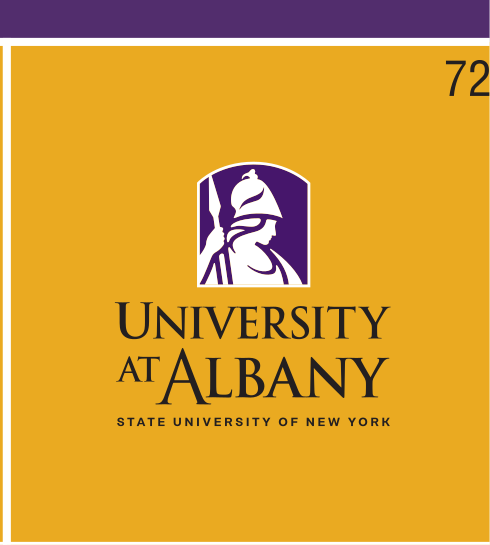 University at Albany stacked logo, purple/gold on gold variant, cell 72