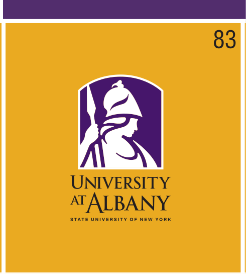 University at Albany stacked logo, purple/gold on gold, small icon variant, cell 83