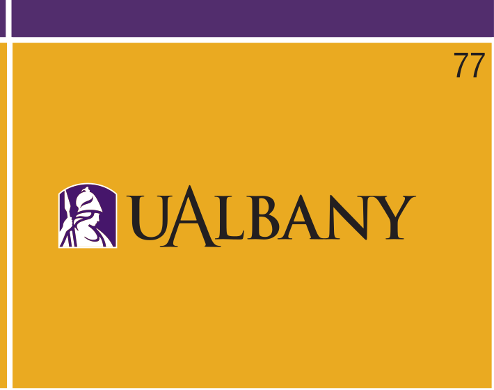 UAlbany wordmark with icon, purple/gold on gold variant, cell 77