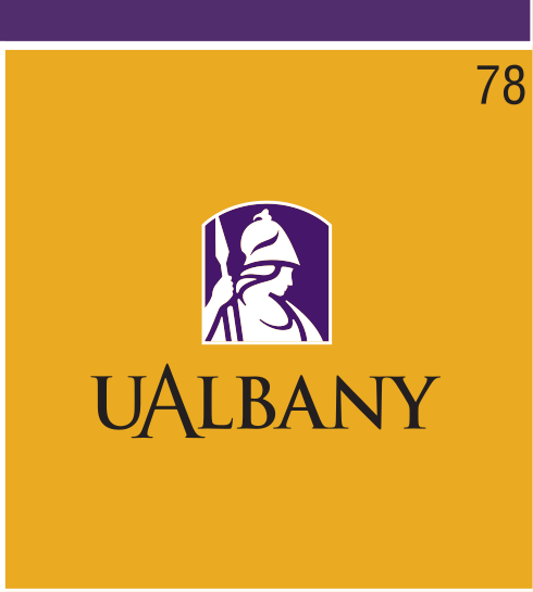 UAlbany stacked wordmark with icon, purple/gold on gold variant, cell 78