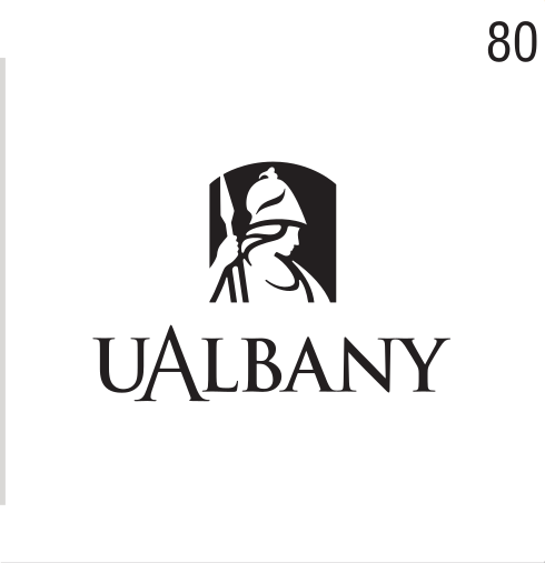 UAlbany stacked wordmark with icon, black on white variant, cell 80