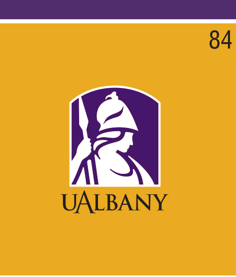 UAlbany stacked wordmark with icon, purple/gold on gold, small icon variant, cell 84