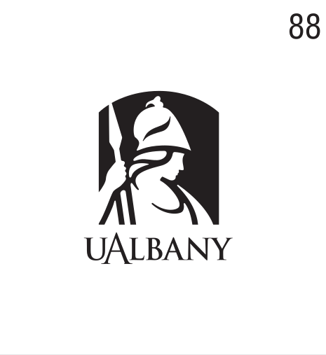 UAlbany stacked wordmark with icon, black on white, small icon variant, cell 88