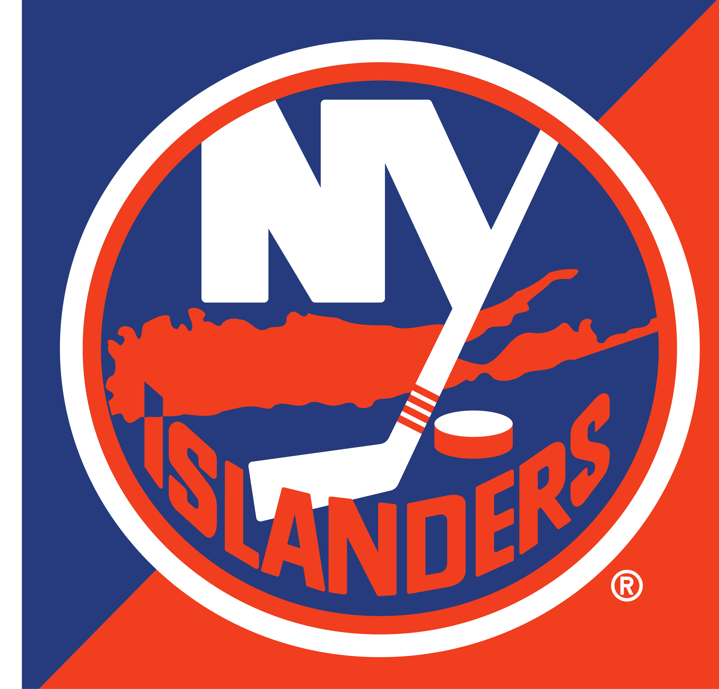 New York Islanders primary logo, full color with R, on split background variant