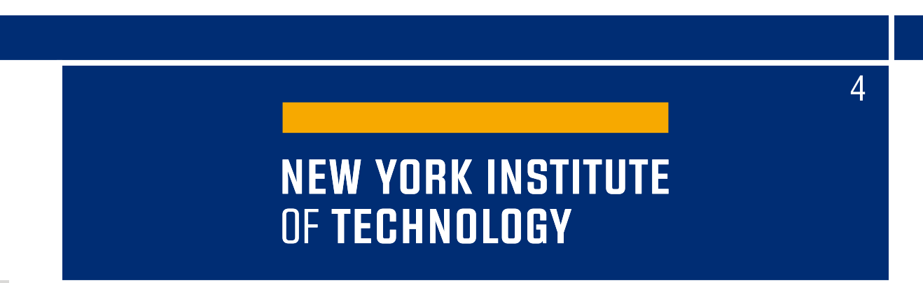 New York Institute of Technology wordmark, white text, yellow bar, blue background variant, cell 44