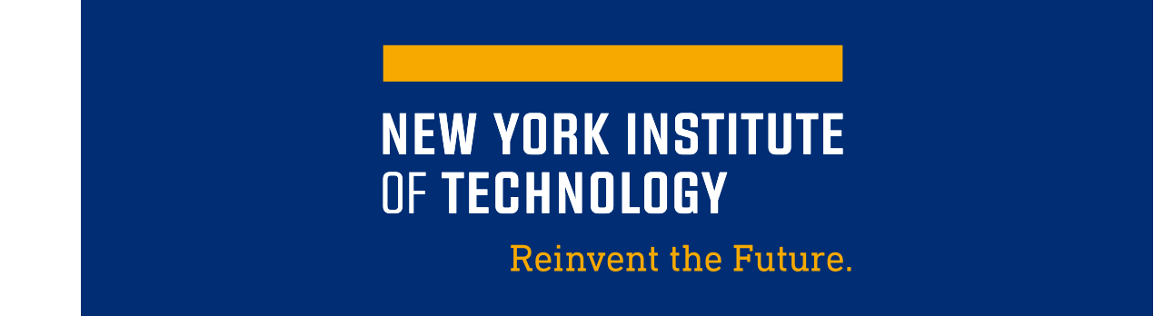 New York Institute of Technology wordmark, white text, yellow bar, tagline, blue background variant, cell 52