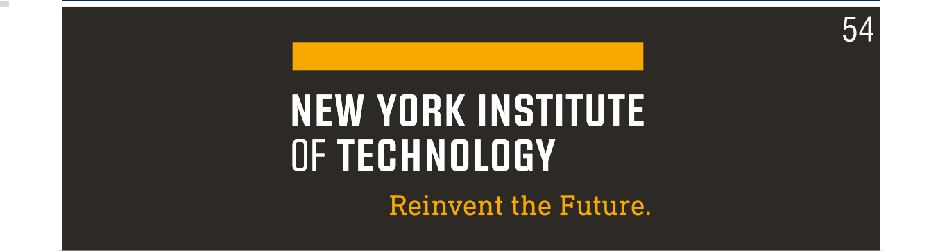 New York Institute of Technology wordmark, white text, yellow bar, tagline, blue background variant, cell 54