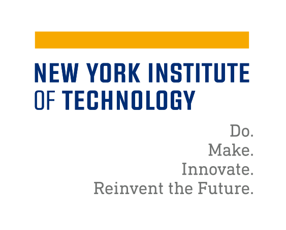 New York Institute of Technology wordmark, blue text, yellow bar, full tagline variant, cell 55