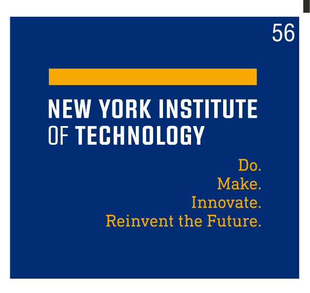 New York Institute of Technology wordmark, white text, yellow bar, full tagline, blue background variant, cell 56