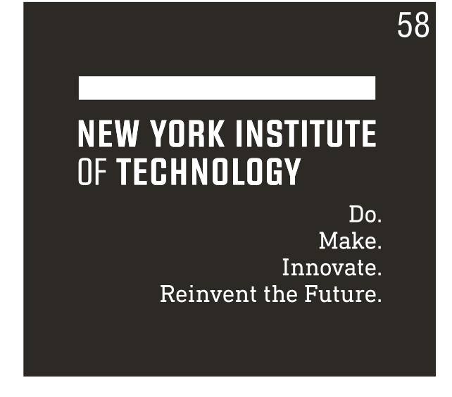 New York Institute of Technology wordmark, white text, yellow bar, full tagline, grey background variant, cell 58