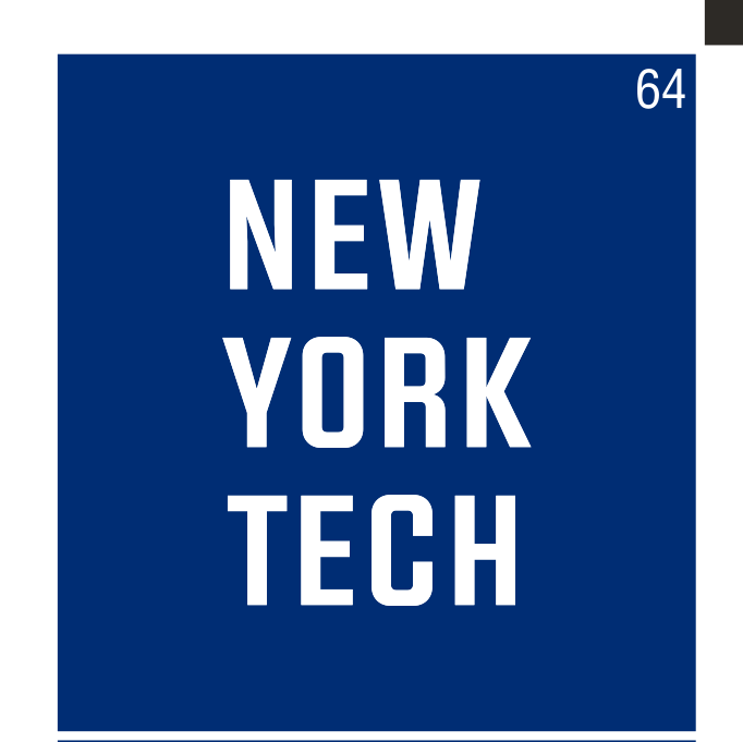 New York Tech stacked wordmark, white text, blue background variant, cell 64