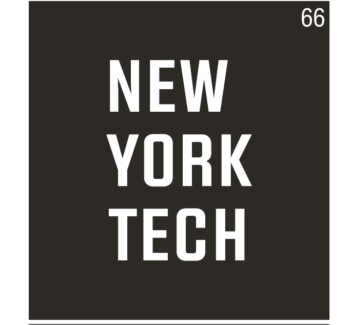 New York Tech stacked wordmark, white text, grey background variant, cell 66