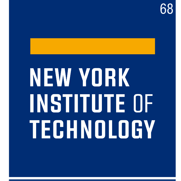 New York Institute of Technology stacked wordmark, white text, yellow bar, blue background variant, cell 68