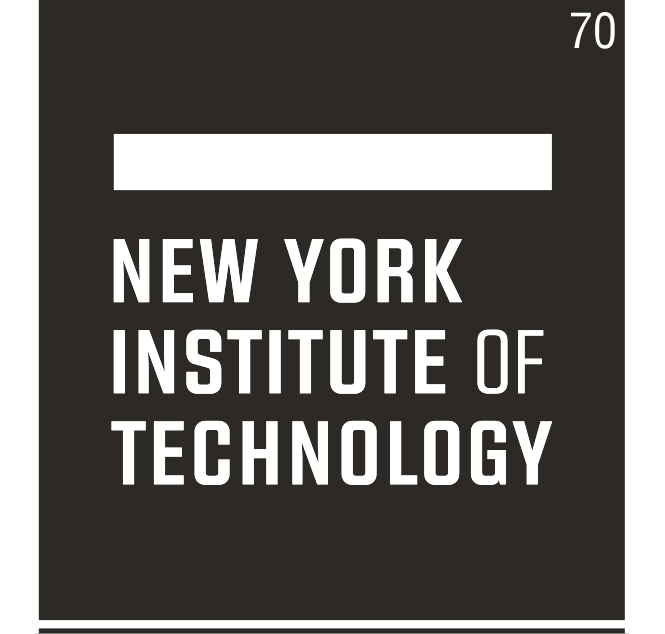New York Institute of Technology stacked wordmark, white text, white bar, grey background variant, cell 70