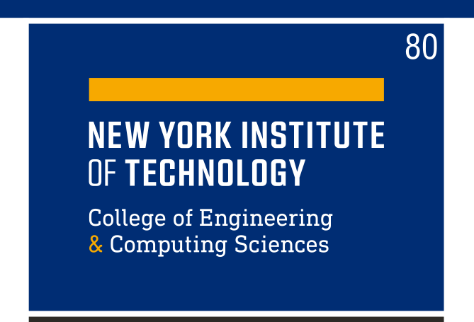 NYIT logo, College of Engineering & Computing Sciences, yellow and white on blue variant, cell 80