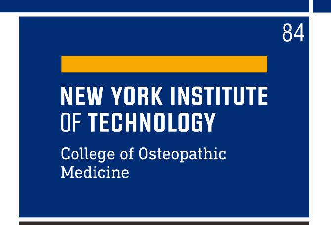 NYIT logo, College of Osteopathic Medicine, yellow and white on blue variant, cell 84