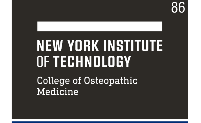 NYIT logo, College of Osteopathic Medicine, white on black variant, cell 86
