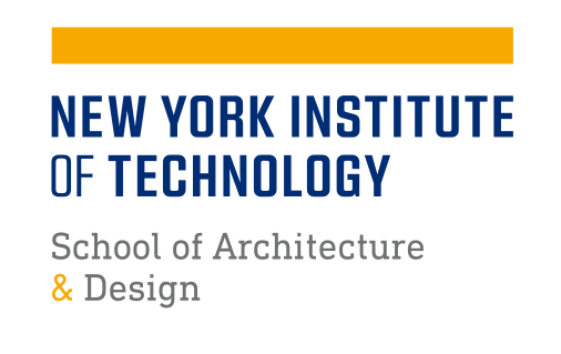NYIT logo, School of Architecture & Design, yellow and blue on white variant, cell 87