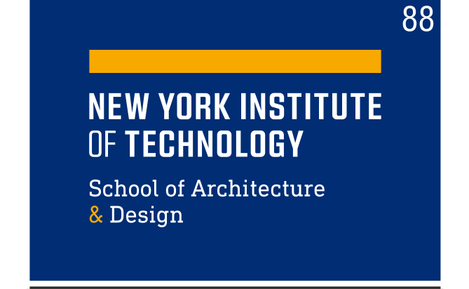 NYIT logo, School of Architecture & Design, yellow and white on blue variant, cell 88