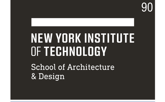 NYIT logo, School of Architecture & Design, white on black variant, cell 90