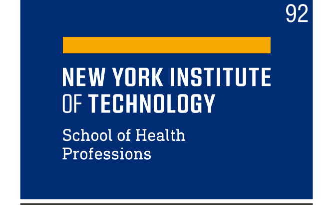 NYIT logo, School of Health Professions, yellow and white on blue variant, cell 92