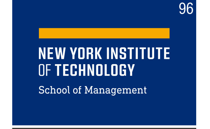 NYIT logo, School of Management, yellow and white on blue variant, cell 96