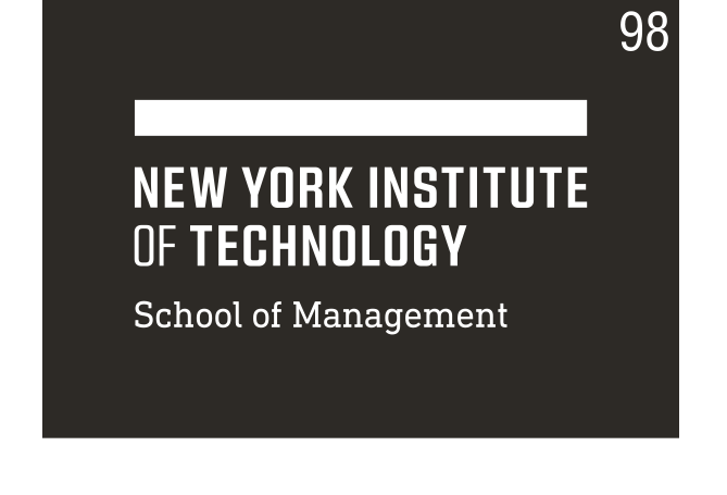 NYIT logo, School of Management, white on black variant, cell 98